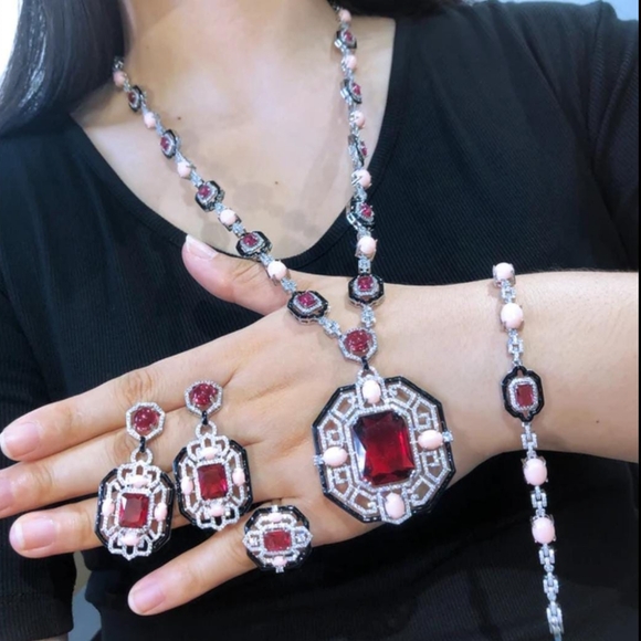 18KT White Gold Plated Luxury Faux Ruby & Coral Fashion Set